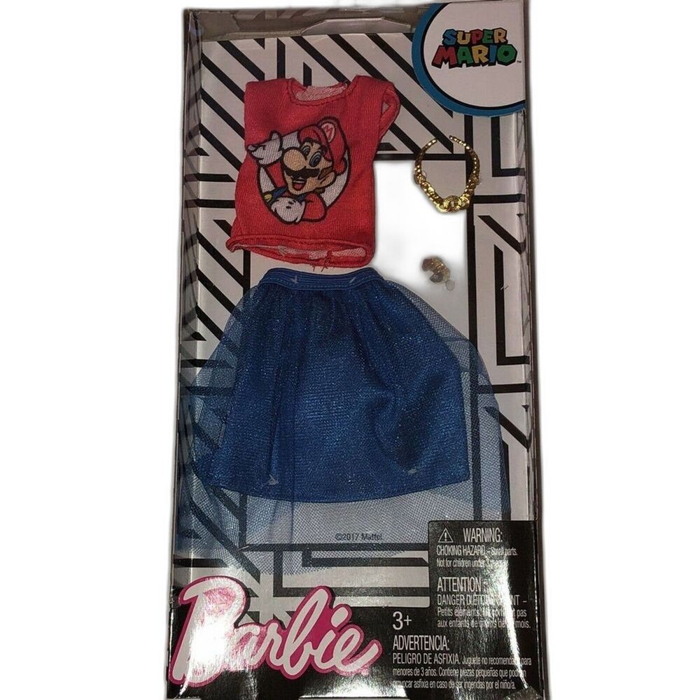 Barbie Fashion SUPER MARIO Red Mario Top Blue Skirt Necklace NIP